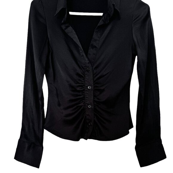 Zara Black Satin Ruched Cropped Long Sleeve Blouse Size XS - Picture 5 of 8